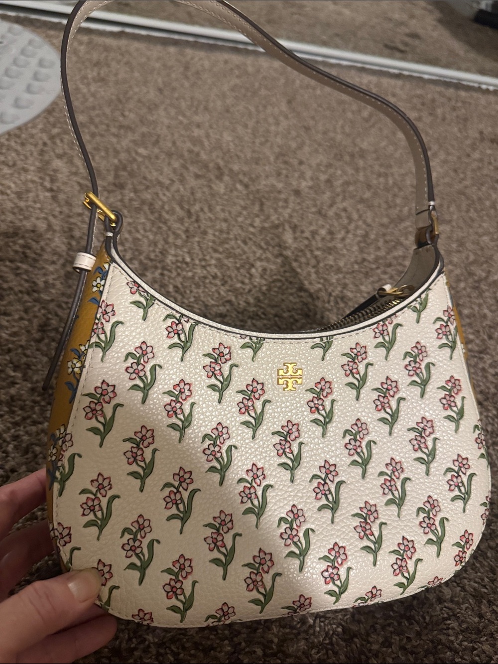 Tory Burch Cream Floral Mini Shoulder Bag with Gold Logo